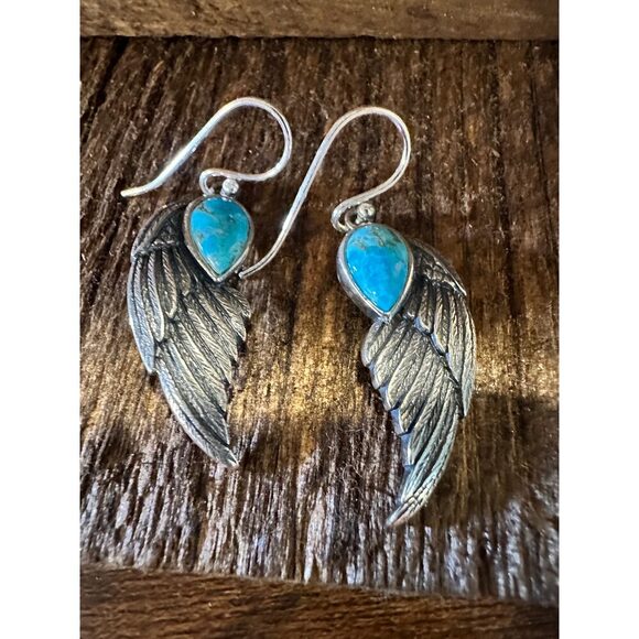 Navajo Eagle Wing Turquoise Earrings in Sterling Silver - Handcrafted Native Am - Picture 7 of 11